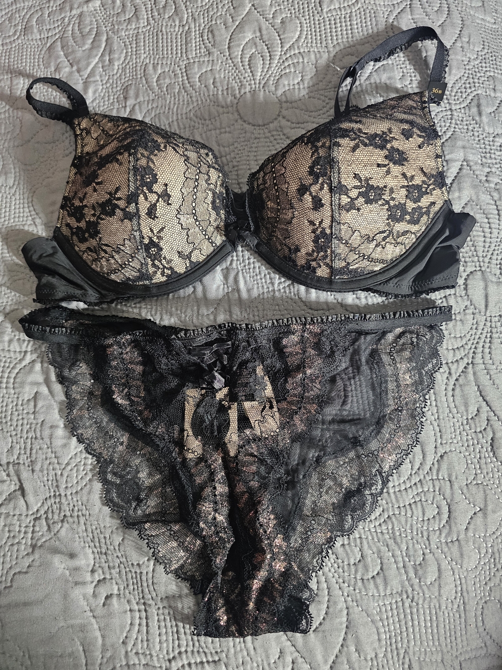 Victoria's Secret Black Lace Overlay Nude-Underlay Bra & Bikini Set
